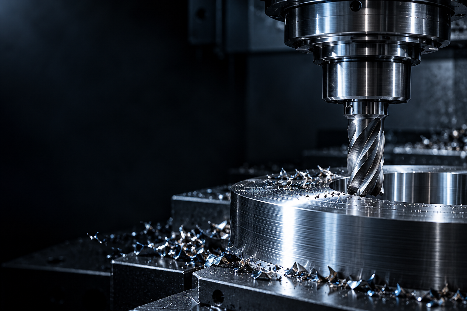 Conceptual close-up of a milling cutter and machined metal component