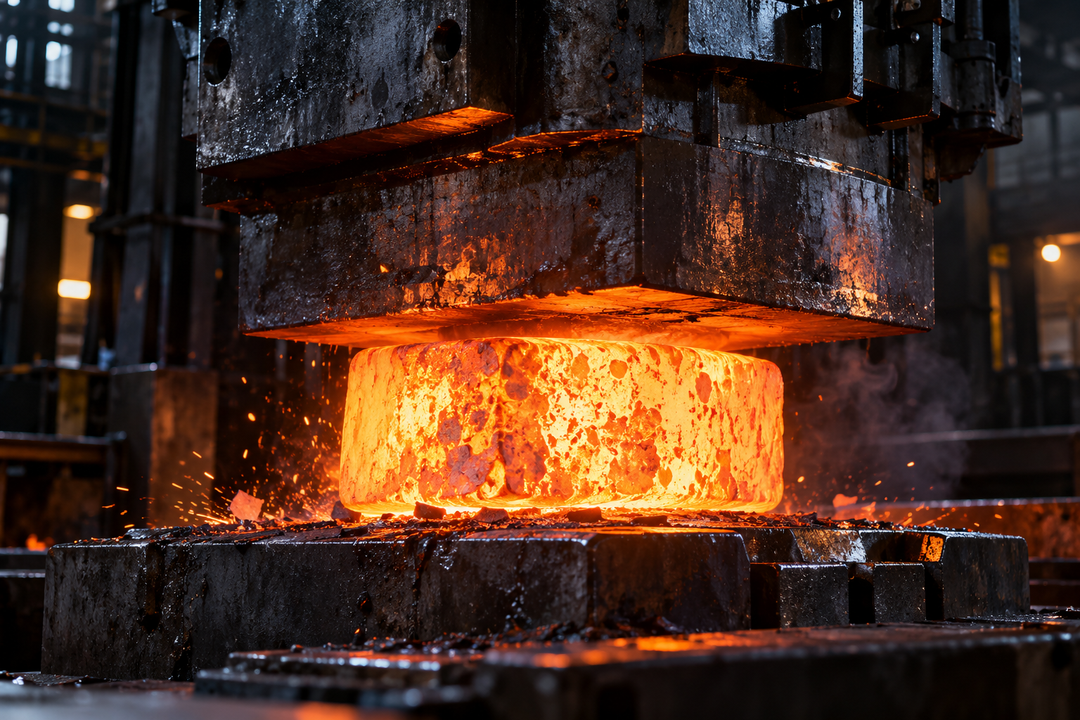 Conceptual glowing metal billet beneath a forging press