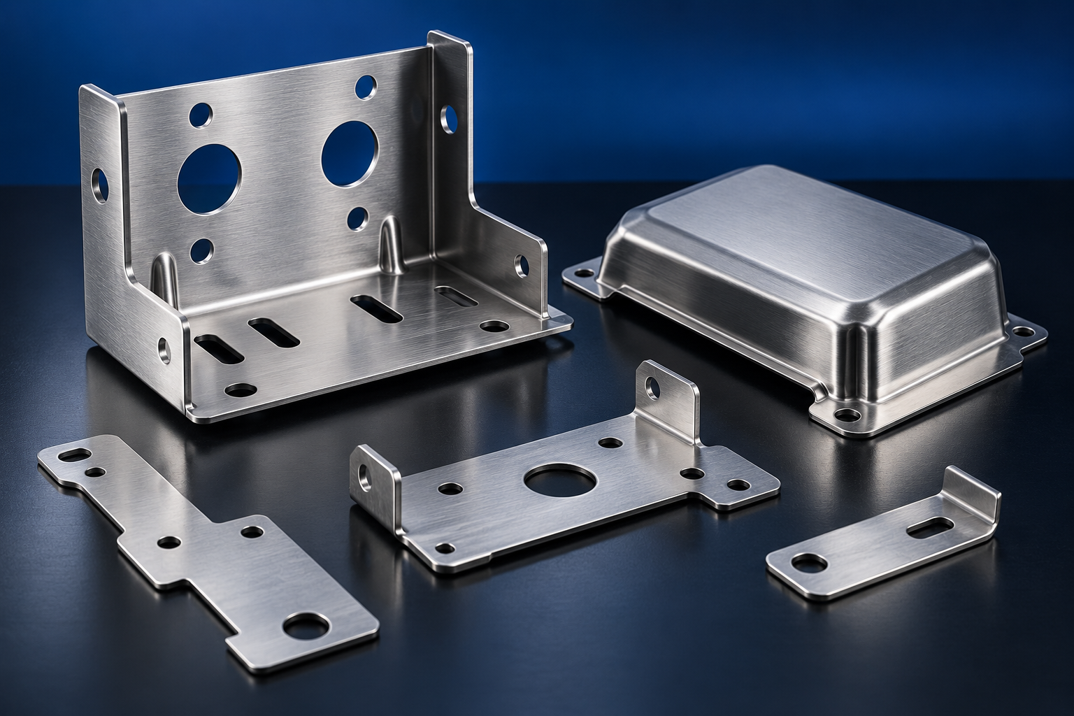 Illustrative stamped sheet-metal mounting brackets and formed cover