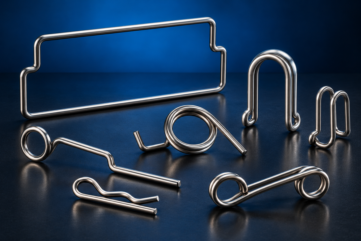 Illustrative formed steel wire frames, clips and loops
